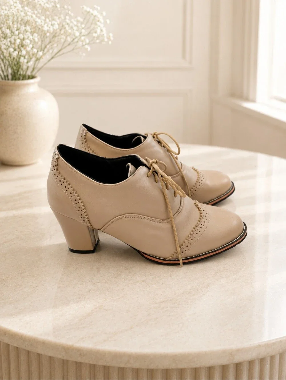 Taupe Brogue Oxford Pumps | Cottagecore Academia Lace-Up Heels EU 41 - Picture 3 of 5